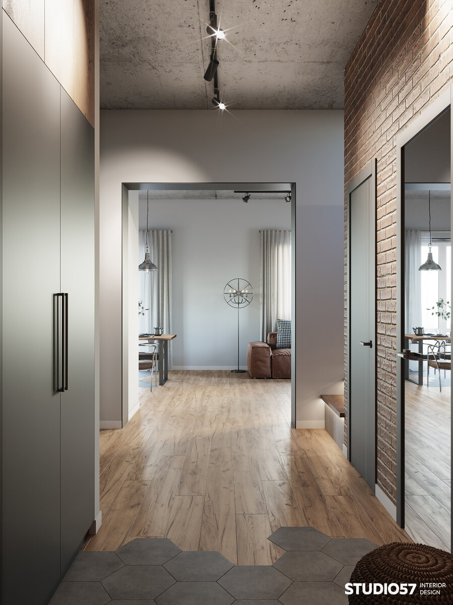 Входная зона считается мокрой, поэтому мы отделили часть прихожей октагональной плиткой серого цвета. 