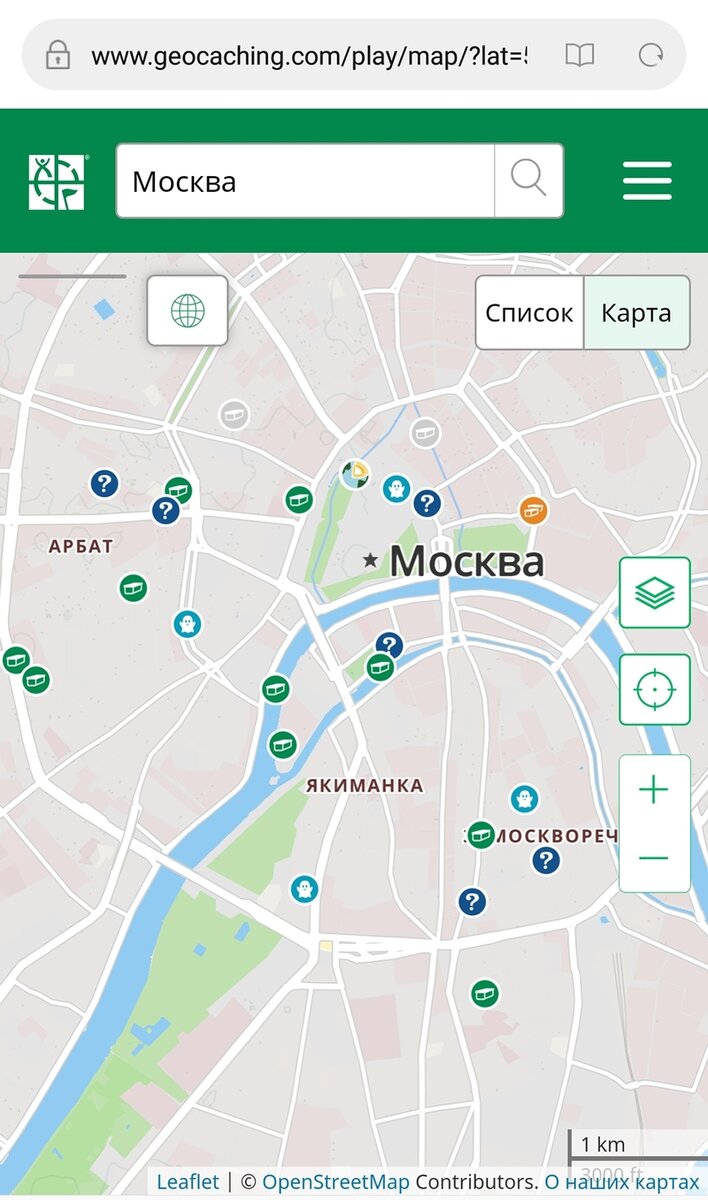 Так на карте Москвы выглядят в приложении спрятанные кеши.