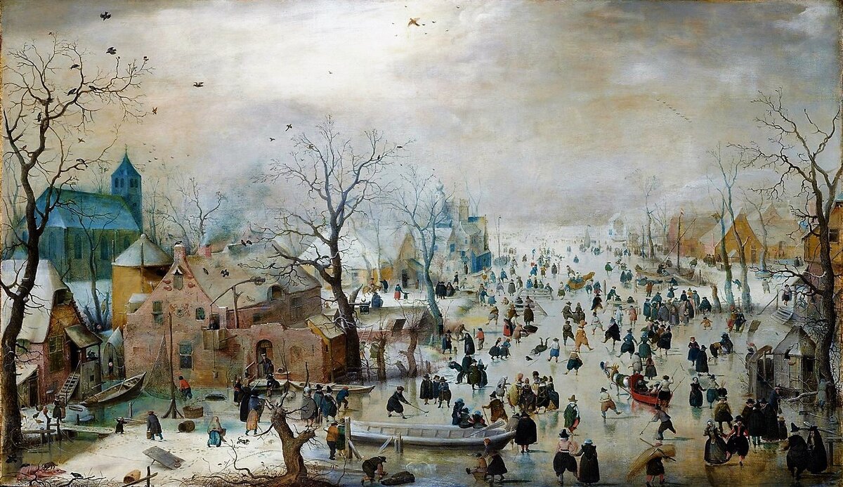 Хендрик Аверкамп, «Зимний пейзаж с конькобежцами», 1609, масло на дубе, 77,5 × 132 см, Государственный музей, Амстердам