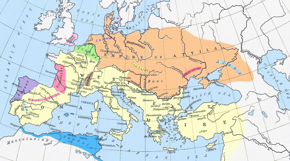 Карта Европы середины V века. Светло-коричневый - империя гуннов, салатовый - королевство франков, коричневый - бургундов, розовый - вестготов, фиолетовый - свевов, синий - вандалов.