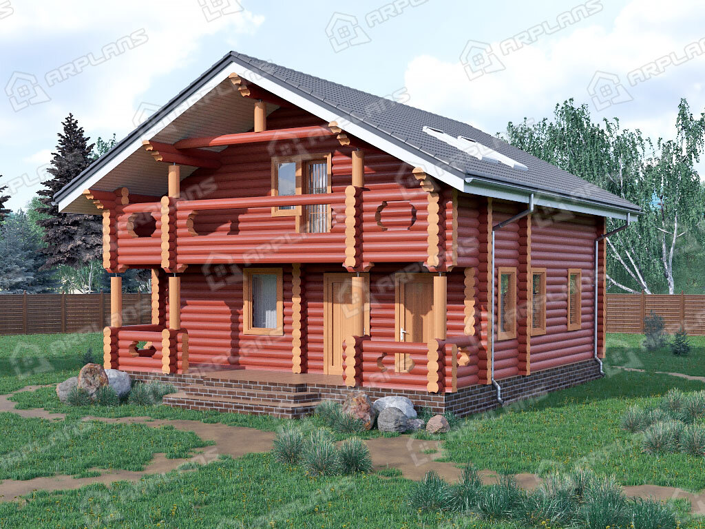 Фото 1 деревянного дома из бревна с мансардой, 3 спальнями, балконом, газовой котельной и террасой. Общая площадь 130 кв м. Источник arplans.ru Проект ДО-026