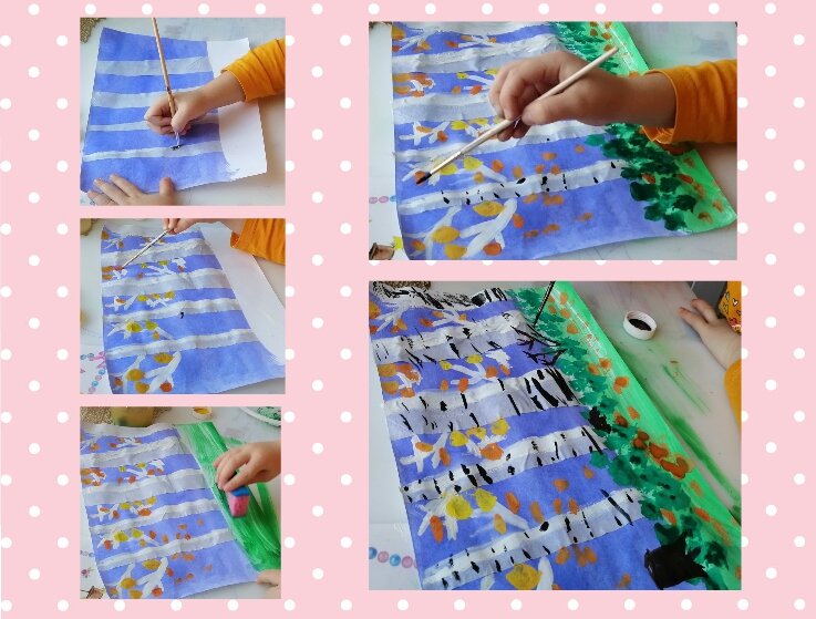 Процесс рисования берёзок. Коллаж и фото автора.