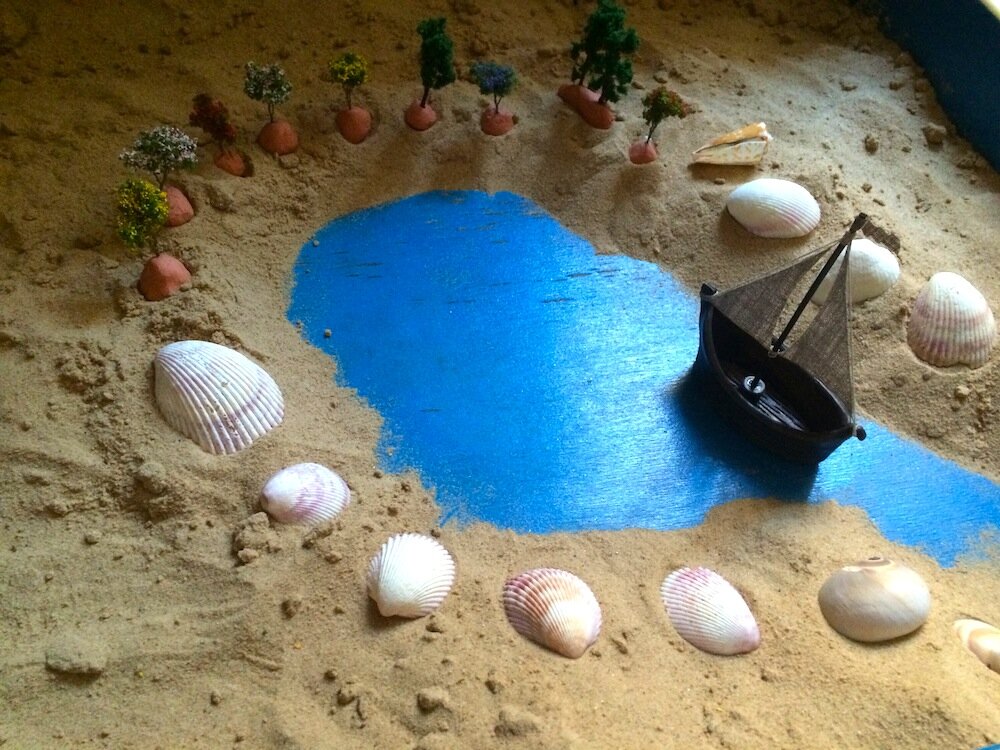 Классическая песочница, дно которой выкрашено в голубой цвет, и множество фигурок, которые служат прообразами архетипов бессознательного.
