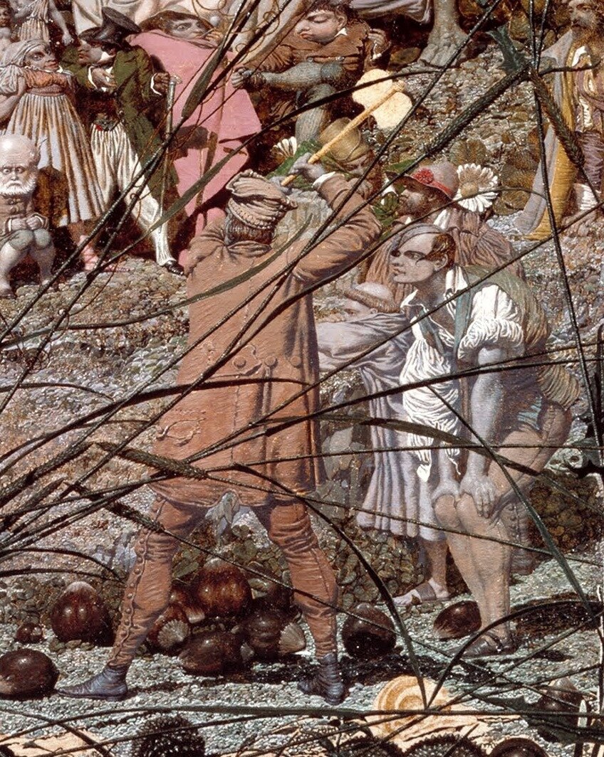 Картина писалась Даддом на протяжении многих лет, но осталась незавершенной. Если посмотреть на нее в хорошем разрешении (Ну, или в галерее Тейт - почему бы и нет?), то можно видеть, что нижняя часть недоработала.Она резко контрастирует с верхней частью, где выписана каждая мелочь. Дадд пишет про Дровосека -                                                                    " ...– ’tis fay woodman holds aloft the axe
Whose double edge virtue now they tax
To do it single & make single double
Teatly and neatly – equal without trouble
’Tis not yet done – yet there he stands

Try if he’ll do it – for your own commands
He knows the axe to use on fairy trees
And fairy common sense embodies if you please
If that your fancy – you can strain so far.
