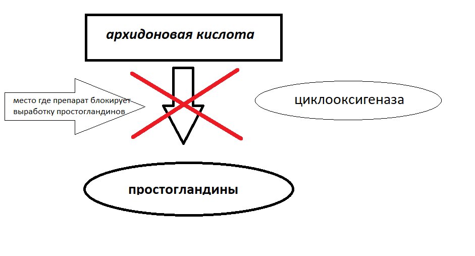 Примерный механизм блокировки выработки простогландинов.