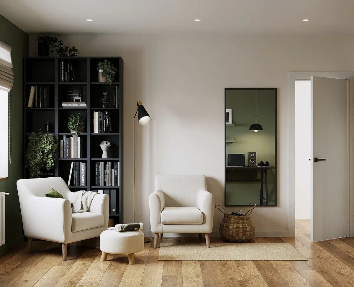 Зеленый, графитовый и светлое дерево. Элегантная однушка 48 кв.м., где уместилось всё необходимое