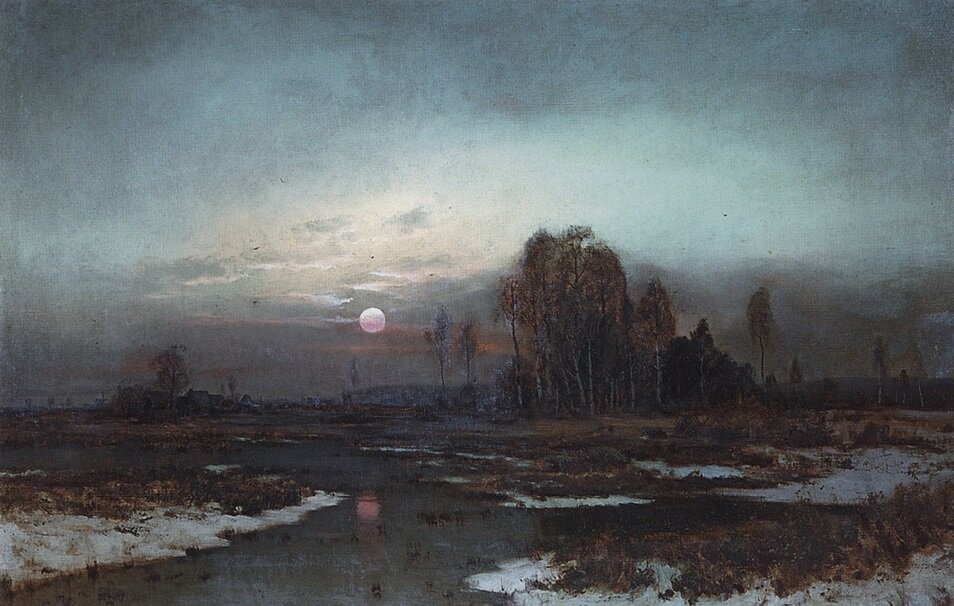  Осенний пейзаж с заболоченной рекой при луне. 1871 год. Алексей Саврасов. 