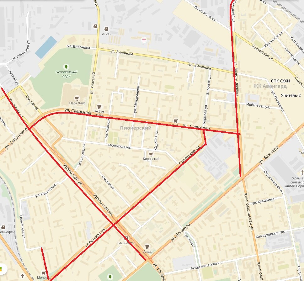 Уральская - Советская - Сулимова - Данилы Зверева (Екатеринбург) © Яндекс