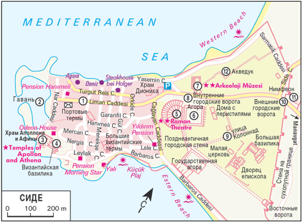 Открыть карту в турции. Город Сиде Турция на карте. Карта достопримечательностей г. Сиде. Сиде на карте Турции на русском языке с городами. План города Сиде в Турции.