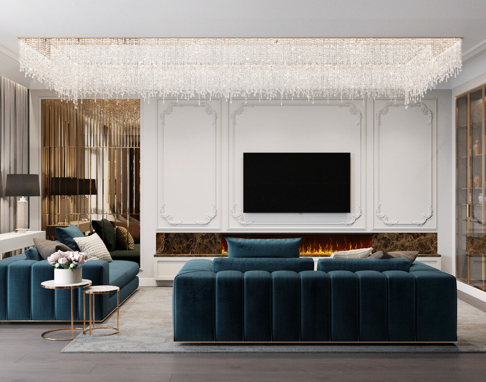 В проекте использован мрамор Dark emperador, который формирует обрамление топки электрического камина, столешницу перед камином; формирует рабочую кухонную зону.