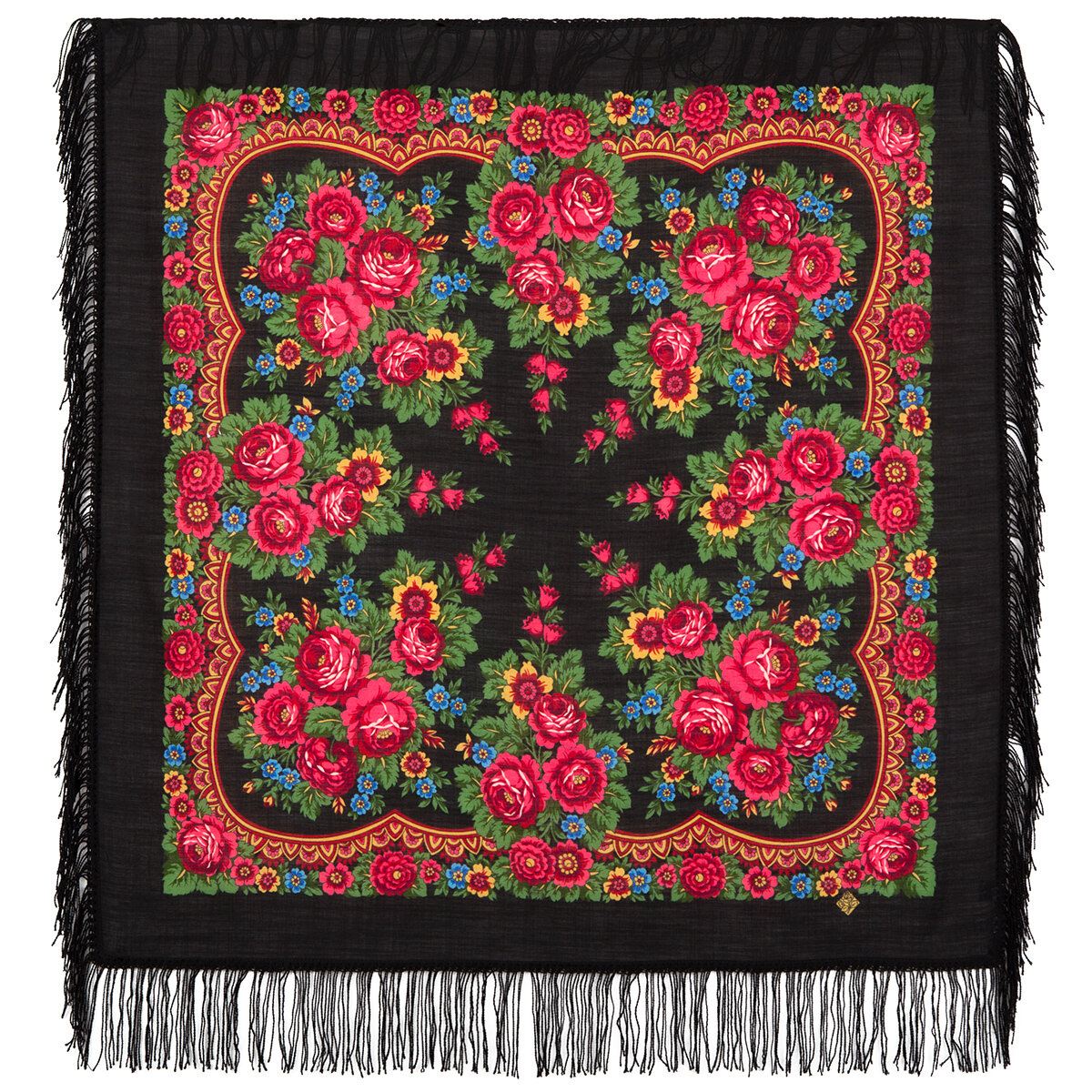 Платок "Матрешка" с шерстяной бахромой , вид 190, 89x89 см 