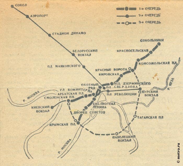 Схема развития Московского метрополитена в 1937 году. Тогда Кольцевая линия планировалась, как 3-я очередь. Но в итоге её построили только в 4-й очереди. Отсюда: https://www.metro.ru