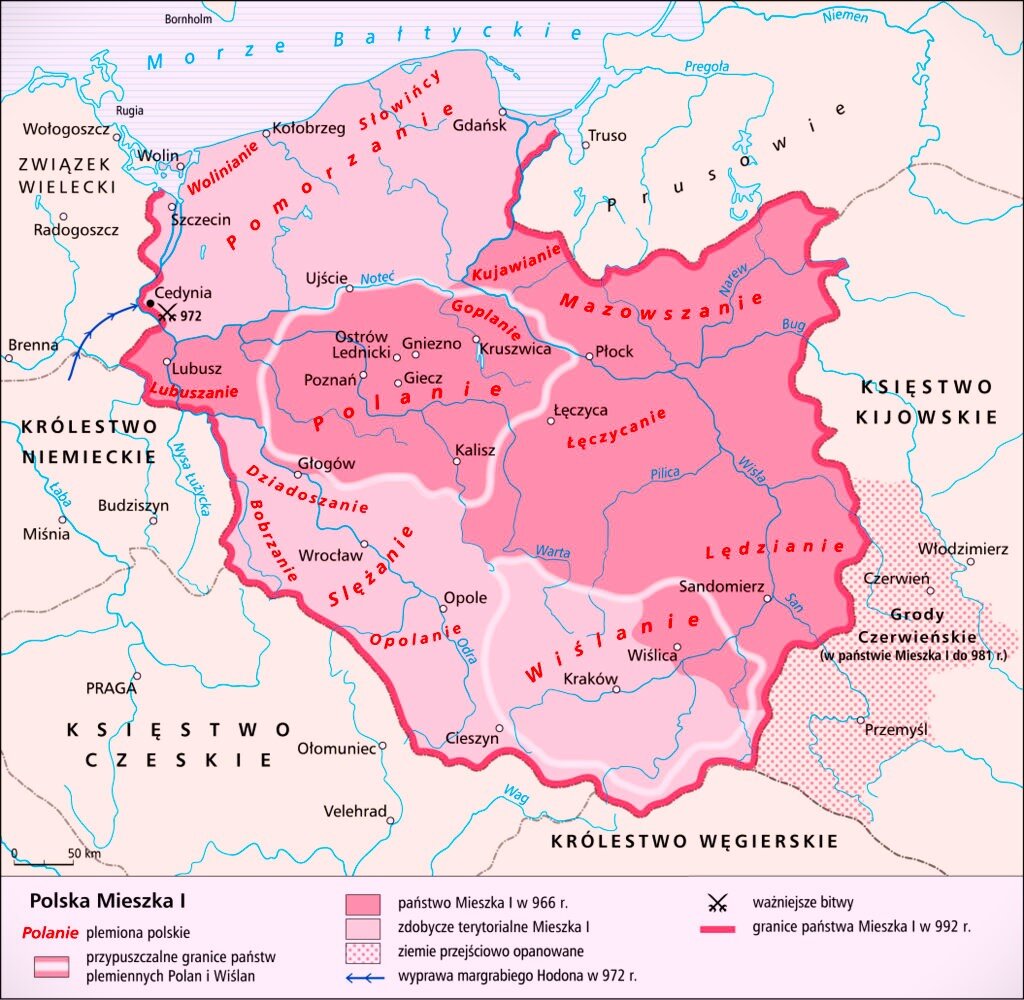 На этой польской карте указано, что Червенская земля, заштрихованная бледно-розовой крапинкой, до 981 года входила в состав княжества Мешко I