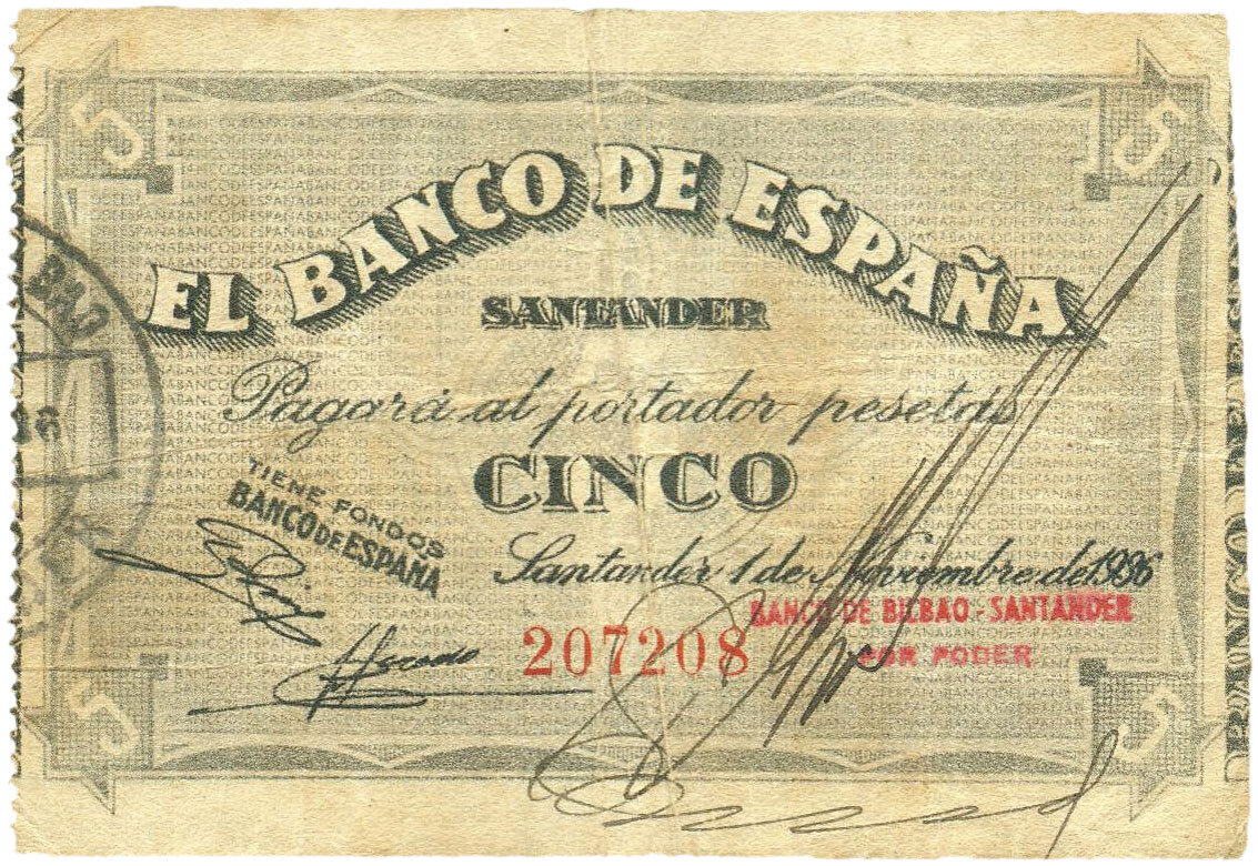 Сантандер (Banco de Bilbao), 1 ноября 1936 года, 5 песет, лицевая сторона.