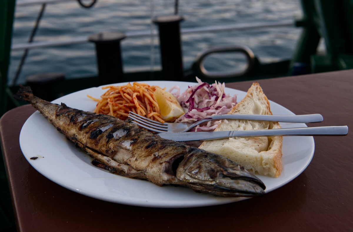 Свежая рыба, пожаренная на гриле- ресторан в Хорватии, расположенный на корабле. Работал только в определённые часы вечером. Еда вкусная и относительно недорогая.