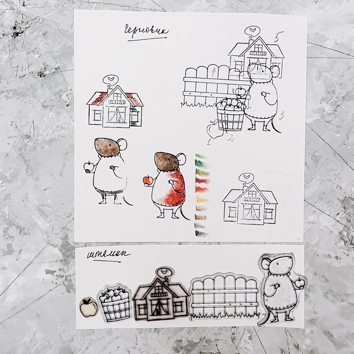 И немного бэкстейджа: эскиз, выкраски карандашей, внизу - собственно все штамп ы из которых и собрана картинка