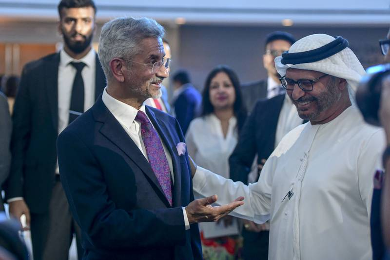 Subrahmanyam Jaishankar, India's foreign minister, and Dr Anwar Gargash, diplomatic adviser to President Sheikh Mohamed, at the India Global Forum. Khushnum Bhandari / The National