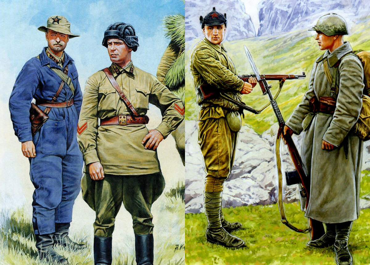 Красная Армия. Слева: Халхин-Гол, справа — 1941 год. Художник: А. Каращук.