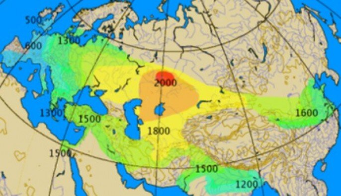 Распространение колесниц в древнем мире. Ареал наиболее ранних находок (ок. 2000 г. до н. э.) обозначен красным цветом, более поздних цветами голубой части спектра (Месопотамия ок. 1700 г. до н. э., Китай ок.1600 г. до н. э., Западная Европа после 1300 г. до н. э.). В Индии колесницы появились между 1500 и 1200 гг. до н. э.