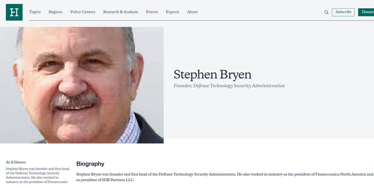 Стивен Брайен был основателем и первым главой Управления по безопасности оборонных технологий. Он также работал в промышленности в качестве президента Finmeccanica North America и президента SDB Partners LLC.