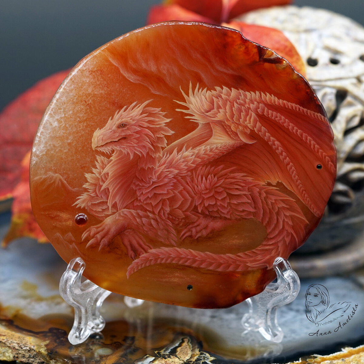 Интерьерное панно "Рубиновый дракон". Ювелирная живопись на камне, Анна Аметиста