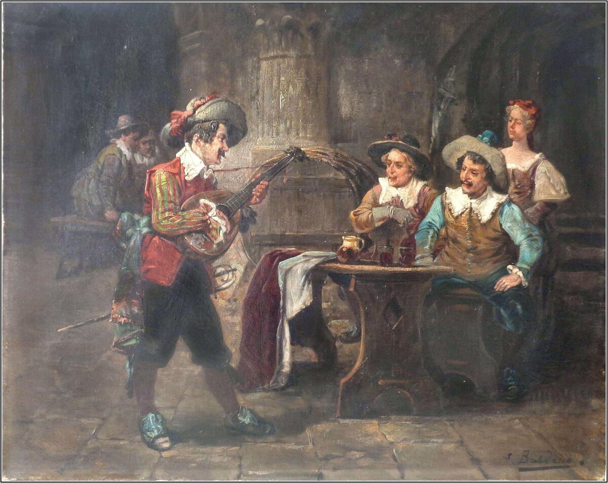 «Мушкетёры и музыкант в таверне». Луиджи Джорджио Бальдеро, 1880. Источник: Dуpartement d’art. Centre de statistiques appliquеes