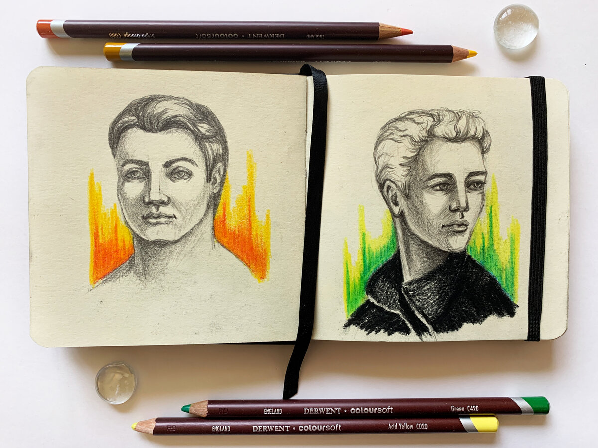 Эксперименты с простыми карандашами, углем и карандашами Derwent ColourSoft в скетчбуке Art Creation