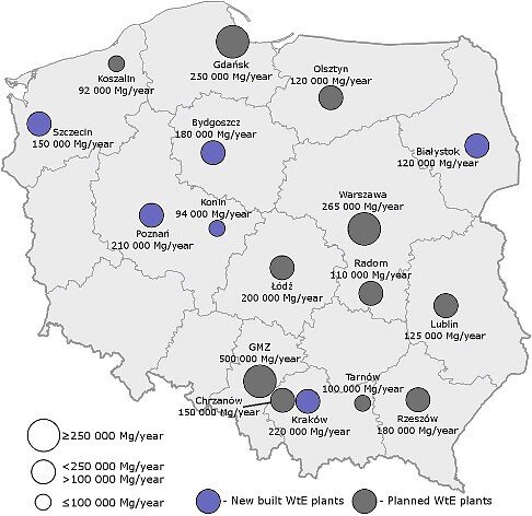 Карта новых построенных и запланированных заводов «Энергия из отходов» в Польше