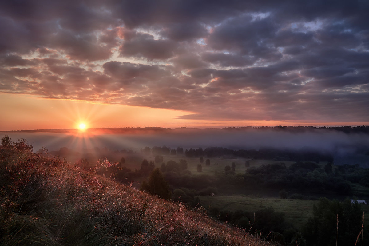 "Когда расходятся туманы, устлавшиеся над дремлющей Землёй, небесный свод зарёй багряной разделит на два отблеск золотой"