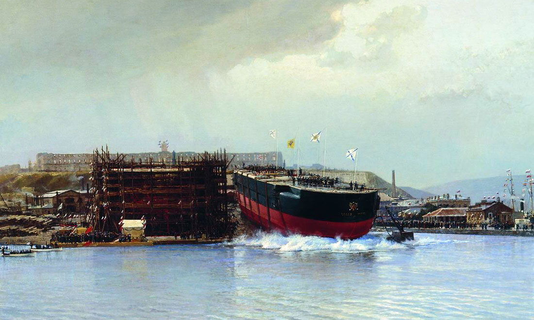 
Торжественный спуск на воду броненосца "Чесма", картина Андрея Беггрова.