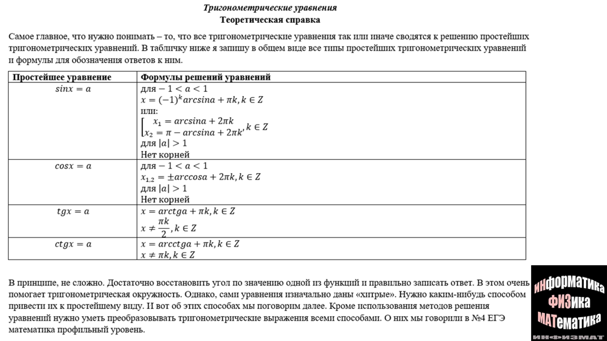 Тригонометрические уравнения в №12 ЕГЭ математика профильный уровень.  Подробный теоретический и практический разбор | In ФИЗМАТ | Дзен