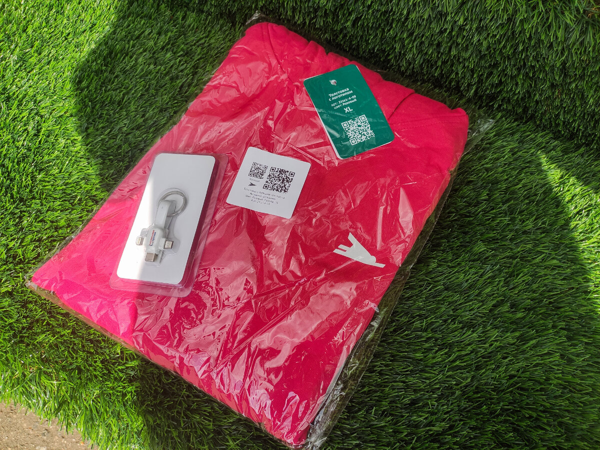 Нам досталась розовая толстовки и какой-то кабель.