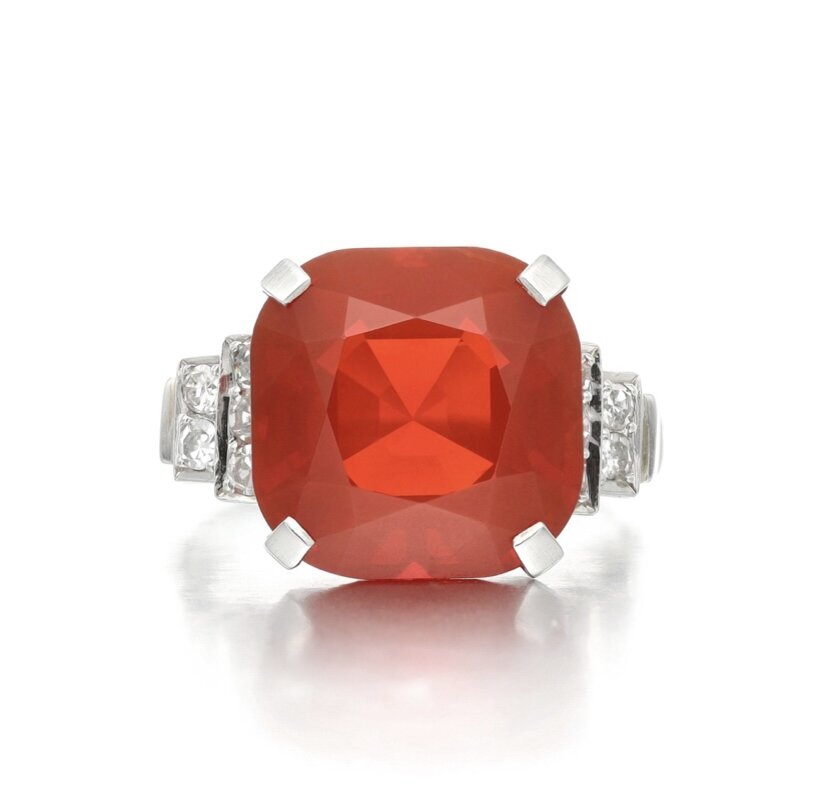 Кольцо, белое золото, бриллианты, огненный опал