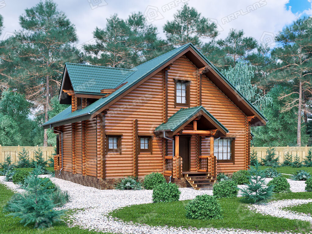 Фото 1 деревянного дома из бревна с мансардой, 3 спальнями и тех. помещением и террасой. Полезная площадь 140 кв м. Источник arplans.ru Проект ДО-005