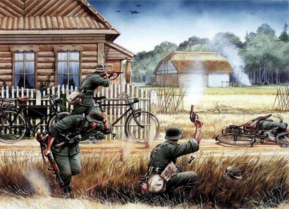 Нападение на деревню. Военные иллюстрации. Русские против немцев. Картины на тему войны.