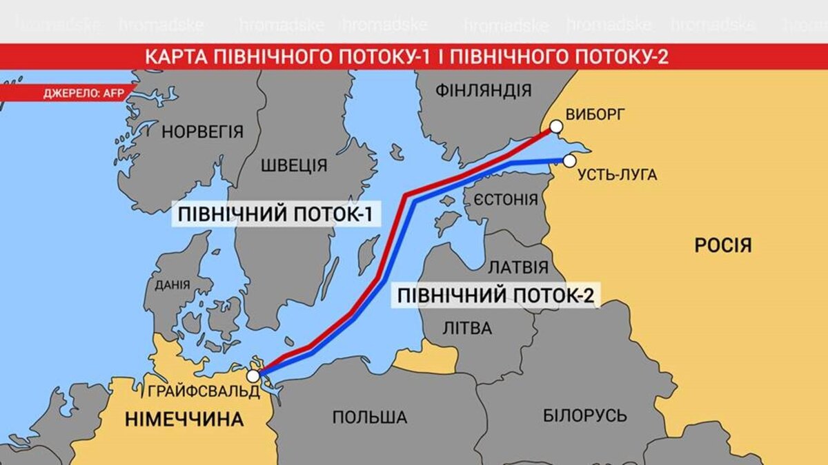 Карта газопроводов "Северный поток-1" и "Северный поток-2"