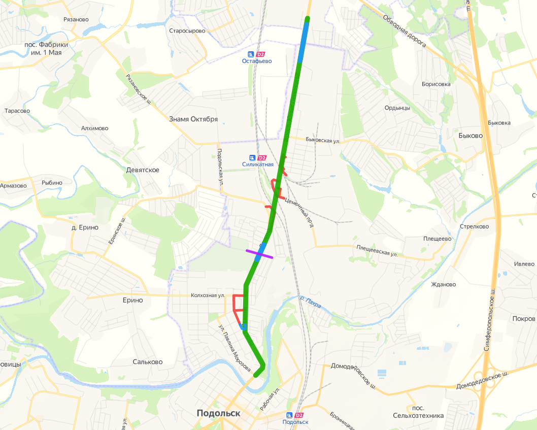 Участок реконструкции подъезда к Подольску (0.0 км – 7.0 км) на карте.