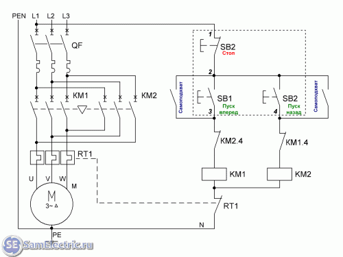 Схема подключения реверсивного магнитного пускателя на 220В с управлением от кнопок. ПРАКТИЧЕСКАЯ СХЕМА