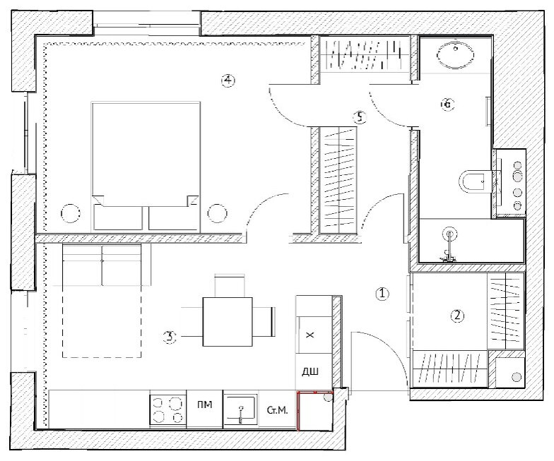 Круговая планировка квартиры Квартира 49 м² с круговой планировкой и мужским интерьером в Москве myDecor Дзен