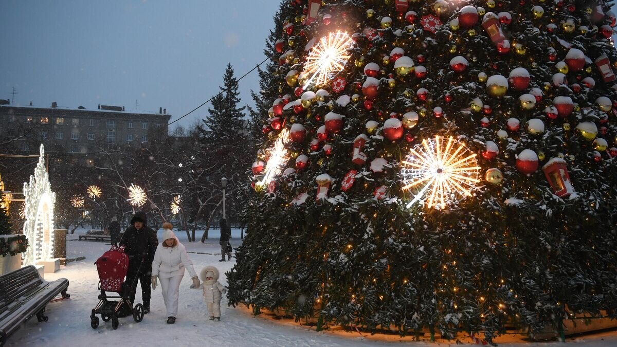    Семья с детьми гуляет у новогодней ёлки в Театральном сквере на площади Ленина в Новосибирске© РИА Новости / Александр Кряжев