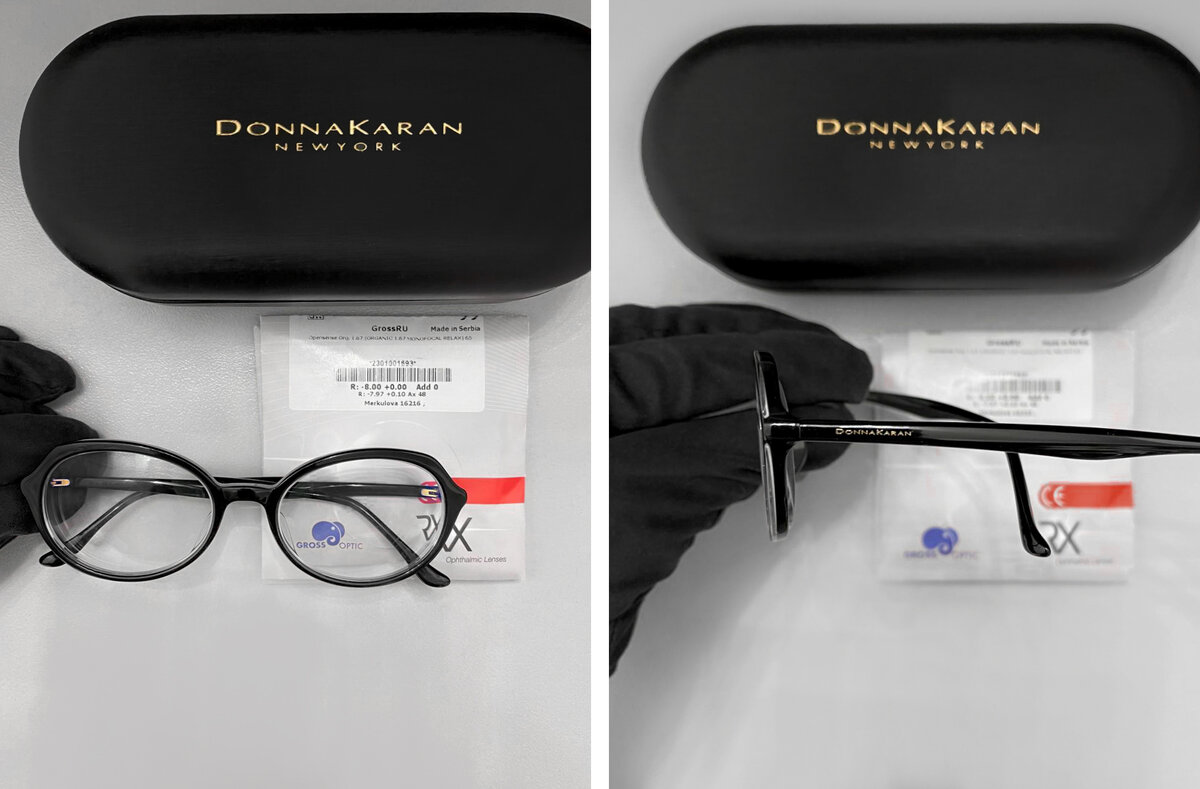 В итоге мы изготовили красивые очки в очень удачную брендовую оправу Donna Karan.
