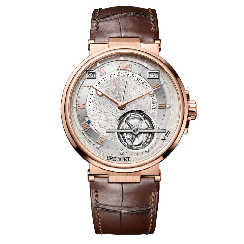 Часы Breguet Marine с 43,9 мм корпусом из розового золота с ретроградными указателями, турбийоном и вечным календарем