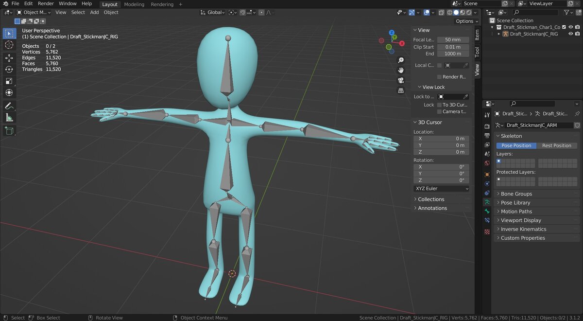 Первоначально созданный простой риг персонажа