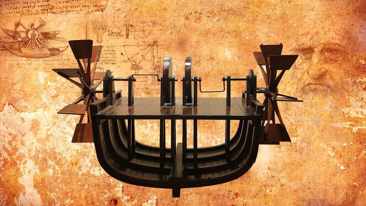 Леонардо да Винчи не изобрел концепцию гребного парохода: ее можно найти уже в работах римского инженера и архитектора Витрувия, а также в трактатах, относящихся к Средним векам, и даже у китайцев, более 1000 лет назад. Однако, как всегда, Леонардо создает неповторимые эстетические иллюстрации. © Crochet.david, CC by-sa 3.0 / Futura