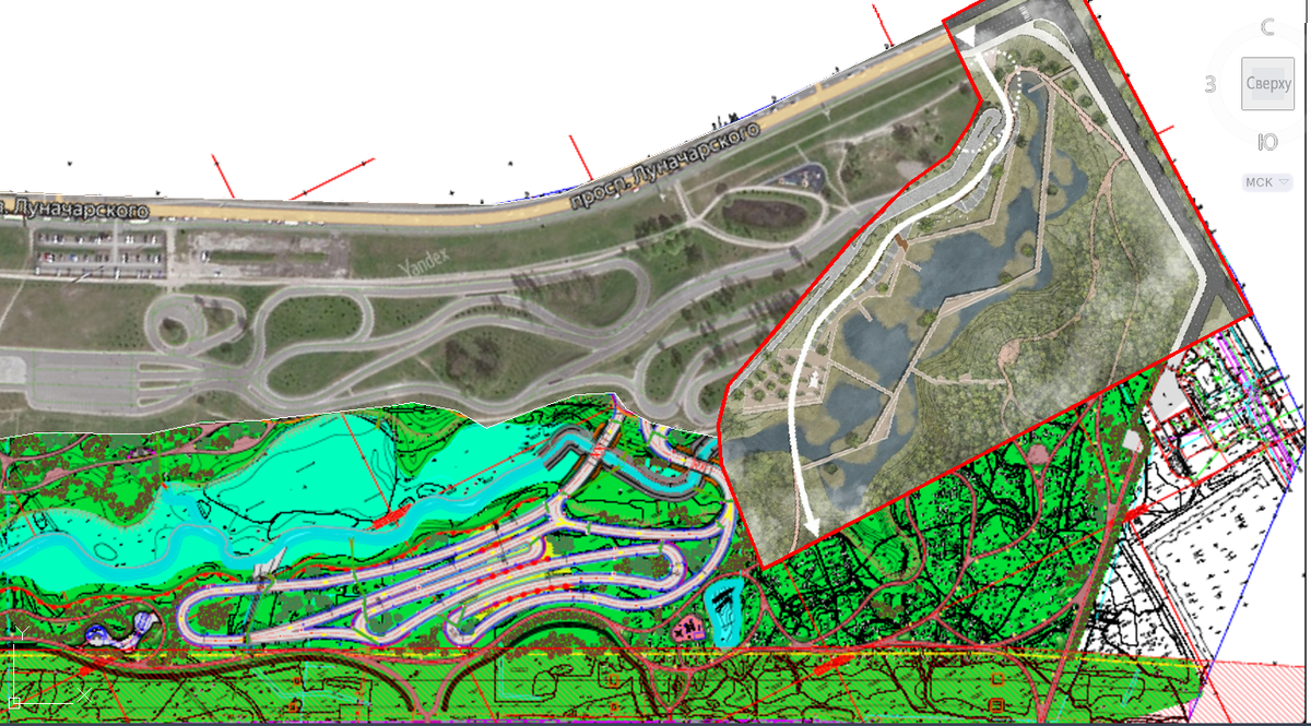 Ситуационный план Муринского парка (3 очередь): вверху в приглушенных тонах построенный участок парка и лыжероллерной трассы 1 очереди; снизу в ярких оттенках проектные решения 2 очереди лыжероллерной трассы, в красной рамки справа - концептуальное решение "Лента памяти - Муринский рубеж".
