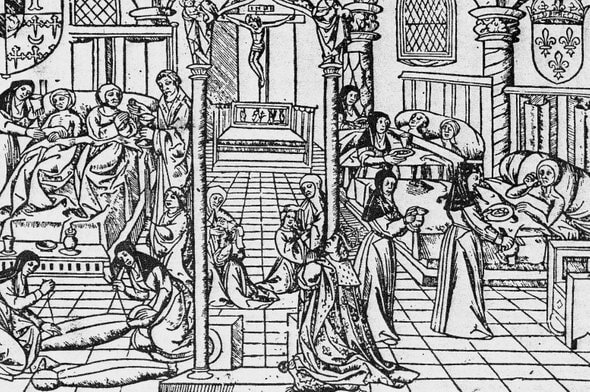    Роженицы в больнице Hôtel Dieu. Иллюстрация XVI века. Фото: Wikimedia Commons / Public domain