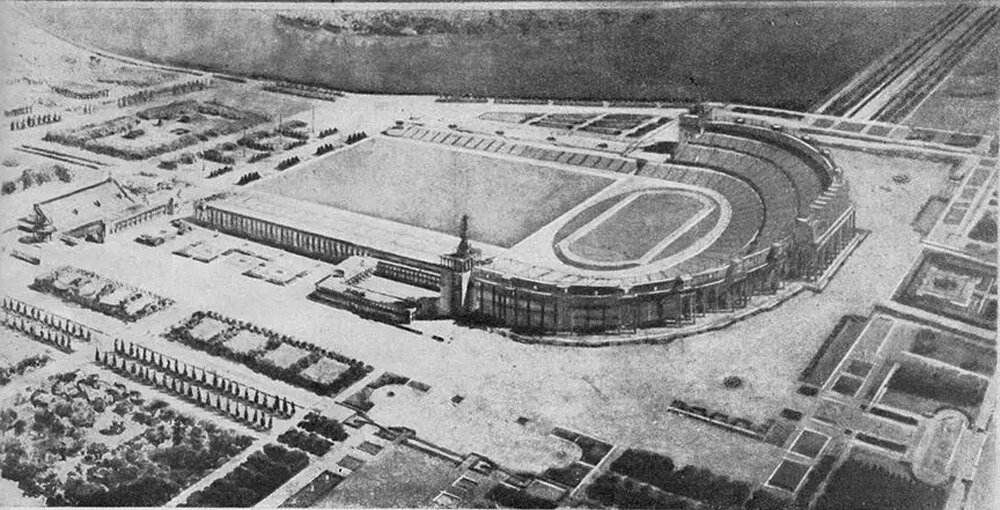 Проект стадиона им. И.В. Сталина в 1930-х. Картинка отсюда: http://n-metro.ru/wp-content/uploads/2020/06/NKstadion.jpg