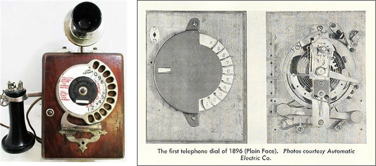 Слева: телефон с номеронабирателем конструкции Строуджера, ок.1905 г., продается за US $1,795.00. Источник изображения: www.ebay.com.  Справа: номеронабиратель. Источник изображения: Kansas Historical Society,www.kshs.org