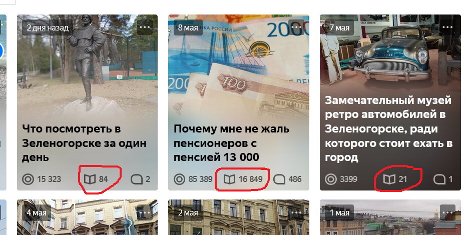 Про города, про музеи не всем читателям интересно... А вот про пенсии... Обратите внимание: статьям про города и музеи Яндекс даёт неплохие показы, это совсем свежие статьи. А дочитываний - кот наплакал. Скриншот экрана моего кабинета на Дзен.