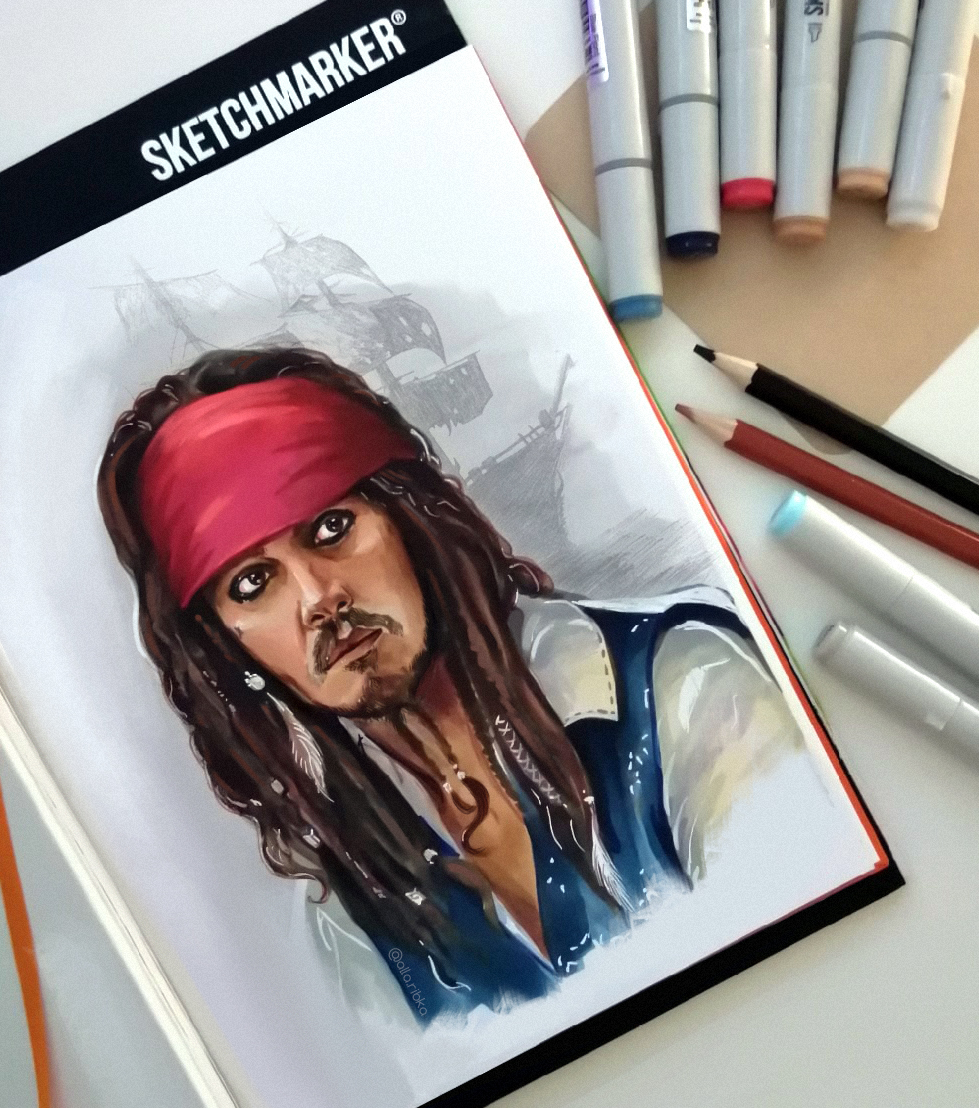 Моя иллюстрация спиртовыми маркерами "Капитан Джек Воробей" в исполнении Джонни Деппа.